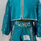 Aqua blue sequin boxing shorts and cropped ring jacket