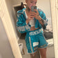 Aqua blue sequin boxing shorts and cropped ring jacket