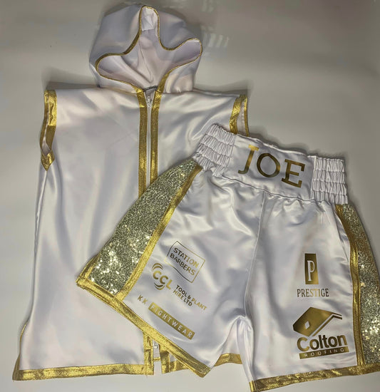 White/gold sequin boxing shorts/set